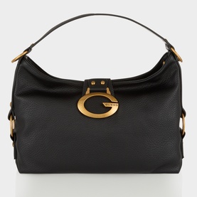 Guess Camden Shoulder Bag in black faux grained leather with gold-tone G logo hardware and single top handle