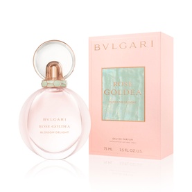 BVLGARI Rose Goldea Blossom Delight Eau de Parfum 75ml, pink bottle with green cap alongside matching pink gift box