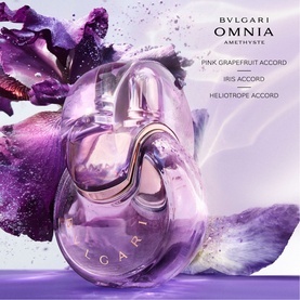 BVLGARI Omnia Amethyste Eau de Toilette 50ml in lilac oval bottle, styled with purple iris flowers and pink grapefruit accords text