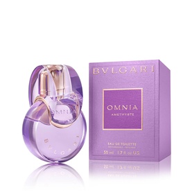 BVLGARI Omnia Amethyste Eau de Toilette 50ml, purple faceted bottle with gold cap alongside matching purple gift box
