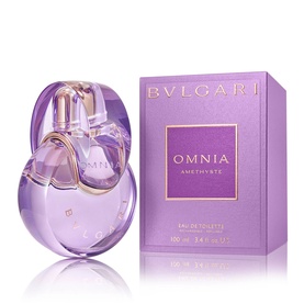 BVLGARI Omnia Amethyste Eau de Toilette 100ml, purple amethyst-shaped bottle with gold cap beside matching purple gift box