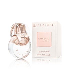 BVLGARI Omnia Crystalline Eau de Toilette 50ml, round glass bottle with rose gold cap beside pale pink gift box