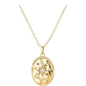 Mettle & Bloom My Sun, Moon & Stars Locket Necklace in gold with oval locket, star motifs, and multicolour cubic zirconia detailing