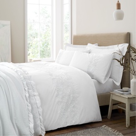 Embroided Floral Duvet Set White