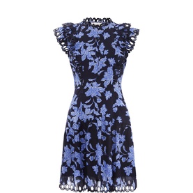 Phase Eight Caraline Floral Mini Dress in navy and blue with cap sleeves, ruffle cutwork neckline and hem, floral embroidered detail