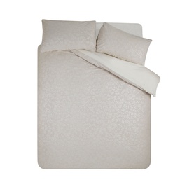 Catherine Lansfield Corded Leaves Duvet Set in gold champagne, featuring tonal leaf texture, shown with matching pillowcases, flat lay view