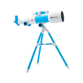 FAO Discovery Mindblown Early Explorers Toy Telescope & Tripod in white and blue, with adjustable blue tripod stand and finderscope attachment