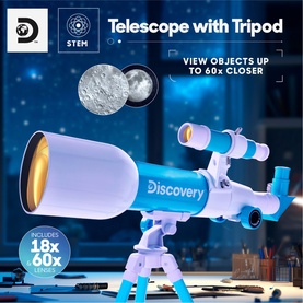 FAO Discovery Mindblown Early Explorers Toy Telescope & Tripod in blue and white with adjustable tripod, 18x and 60x eyepieces, STEM toy