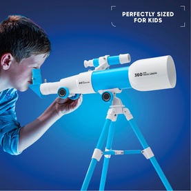 Boy looking through FAO Discovery Mindblown Early Explorers Toy Telescope & Tripod in blue and white, mounted on adjustable tripod