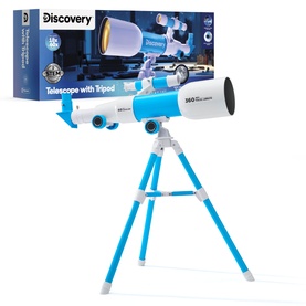 FAO Discovery Mindblown Early Explorers Toy Telescope & Tripod in white and blue, shown beside its packaging box