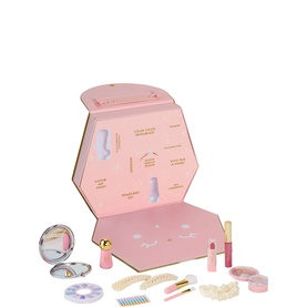 FAO Schwarz 12-Piece Make-Up Surprise Set in pink hexagonal gift box with mirror, lipstick, lip gloss, brushes, nail polish and accessories