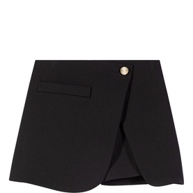 Maje Button Detail Layered Skort in black, wrap-style asymmetric panel, gold button detail, mock front pocket, mini length
