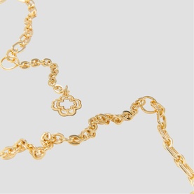 Maje gold-tone chain necklace with floral toggle clasp, mixed link detailing including oval and rectangular links