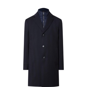 Hugo Boss Hyde-Bib-Twill Single Breasted Coat in dark blue, notched lapels, padded bib insert, button placket, smooth finish