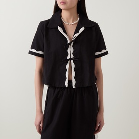 Contrast Trim Tie-Fastening  Shirt