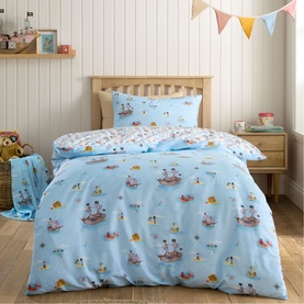 Belle Boo Pirate Duvet Set in blue, featuring pirate ship and character print, styled on a single children's bed with matching pillowcase