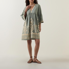 Feather Embroidered Linen Mini Dress