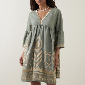 Feather Embroidered Linen Mini Dress