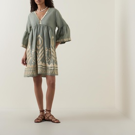 Feather Embroidered Linen Mini Dress