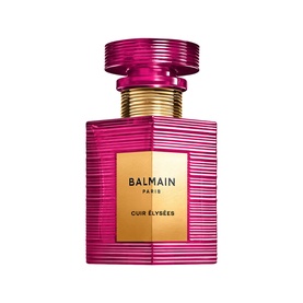 Balmain Cuir &Eacute;lys&eacute;es Eau de Parfum in a textured fuchsia pink bottle with gold cap and label, EDP fragrance