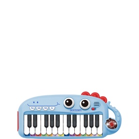 Bontempi 24-Key Electronic Keyboard in blue with multicoloured keys, dinosaur-shaped design with large eyes and red crest detail