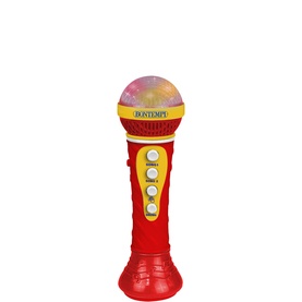 Bontempi Voice Sing-a-Long Microphone in red with multicolour light-up dome head, yellow controls, and three buttons on handle