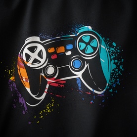 Catherine Lansfield Game Over Fitted Sheet Black, close-up of colourful gaming controller graphic print on black fabric