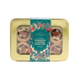 Cartwright & Butler Cranberry & Orange Mini Mince Pies in gold tin with festive teal floral sleeve, visible pies through window lid