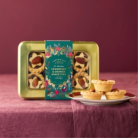 Cartwright & Butler Cranberry & Orange Mini Mince Pies in gold festive tin, with mince pies on a plate alongside