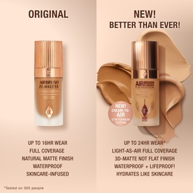 Charlotte Tilbury Airbrush Flawless Foundation 30ml shown in original and new improved formula bottles in warm tan shade
