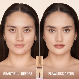 Model with Charlotte Tilbury Airbrush Flawless Foundation 30ml before and after application, showing coverage on medium-deep skin tone
