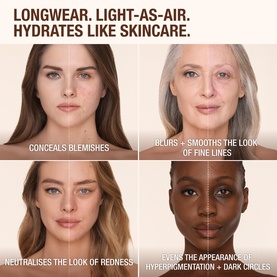 Charlotte Tilbury Airbrush Flawless Foundation shown on four models with diverse skin tones, demonstrating coverage of blemishes, fine lines