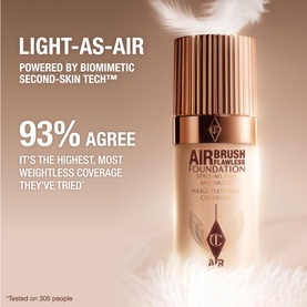 Charlotte Tilbury Airbrush Flawless Foundation 30ml in a gold bottle, shown upright with soft feathers and Light-As-Air text overlay
