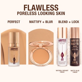 Charlotte Tilbury Airbrush Flawless Foundation 30ml shown with matching Airbrush Powder and setting sprays in a flawless skin routine flat lay