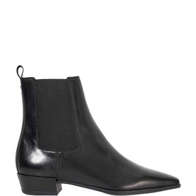 Dune Parkas Chisel Toe Chelsea Boots in black smooth leather with block heel, elastic side panels, and rear pull tab