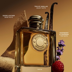 Burberry Goddess Parfum for Women 10ml bottle with vanilla, suede leather, raspberry and lavender fragrance notes displayed around it
