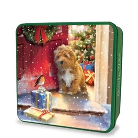 Grandma Wilds Embossed Cockapoo on a Doorstep Tin, square green biscuit tin featuring festive scene with puppy, robin, Christmas tree and gifts