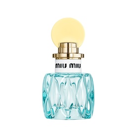 Miu Miu L'Eau Bleue Eau de Parfum 30ml, aqua blue faceted bottle with gold collar and pale yellow spherical cap