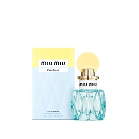 Miu Miu L'Eau Bleue Eau de Parfum 30ml in light blue faceted bottle with gold cap, shown with packaging box