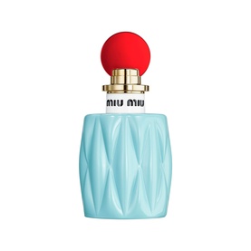 Miu Miu L'Eau de Muguet Eau de Parfum 100ml, light blue quilted bottle with gold collar and red spherical cap