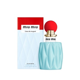 Miu Miu L'Eau de Muguet Eau de Parfum 100ml, light blue quilted bottle with red spherical cap and matching box