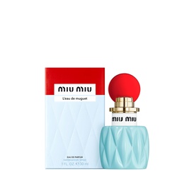 Miu Miu L'Eau de Muguet Eau de Parfum 30ml with light blue quilted bottle, red spherical cap, and matching gift box