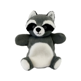 Dou Dou Podcoll Mario Raccoon Puppet 24cm, grey and white plush raccoon hand puppet with black mask detail, seated pose