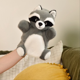 Dou Dou Podcoll Mario Raccoon Puppet 24cm, grey plush hand puppet with black mask detail, shown worn on hand against cushions