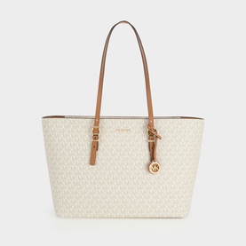 MMK Quinn Logo Tote Bag in cream coated canvas with tan leather top handles, gold-toned hardware and hanging MK charm