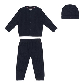 Flag Cable Knit Cardigan, Trousers & Hat Three-Piece Set