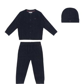Flag Cable Knit Cardigan, Trousers & Hat Three-Piece Set