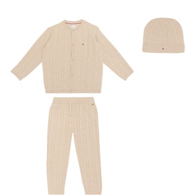 Flag Cable Knit Cardigan, Trousers & Hat Three-Piece Set
