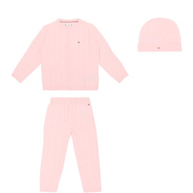 Flag Cable Knit Cardigan, Trousers & Hat Three-Piece Set