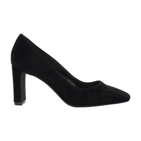 Dune Arriving Wide Fit Court Shoes in black suede, chisel toe, high block heel, resin sole
